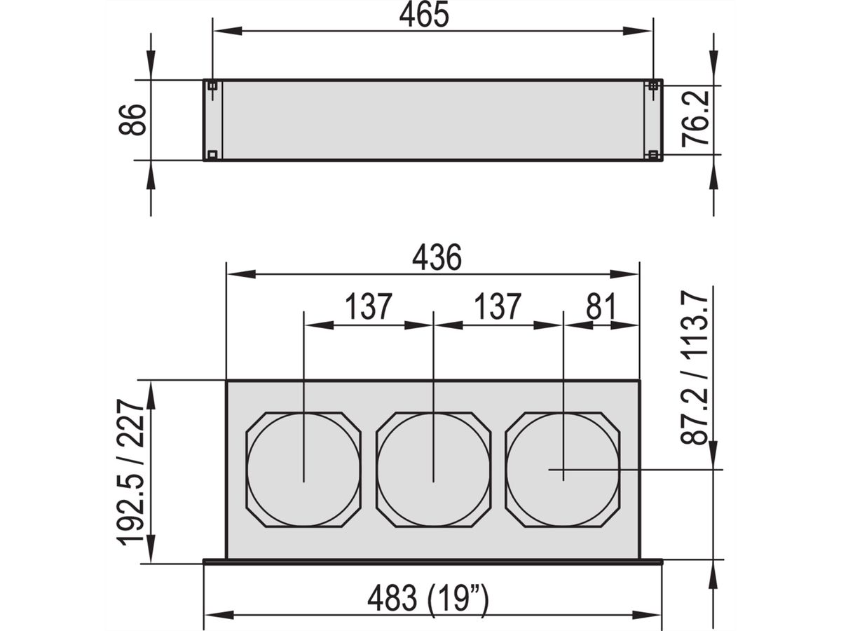 SCHROFF 19" Duwventilator, 2 HE, Axiaal, 115 VAC, Werkbladdiepte 160 mm, 445 - 530 m³h