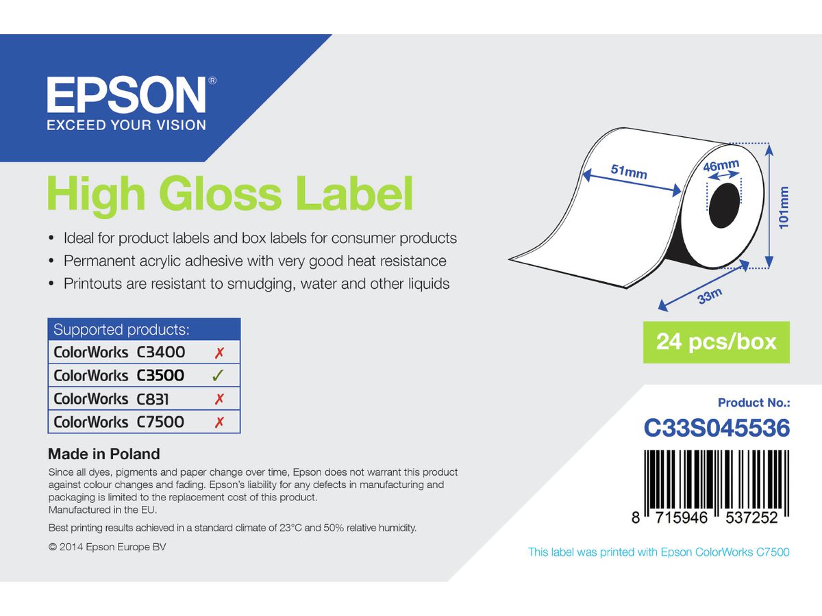 Epson High Gloss Label - Continuous Roll: 51mm x 33m