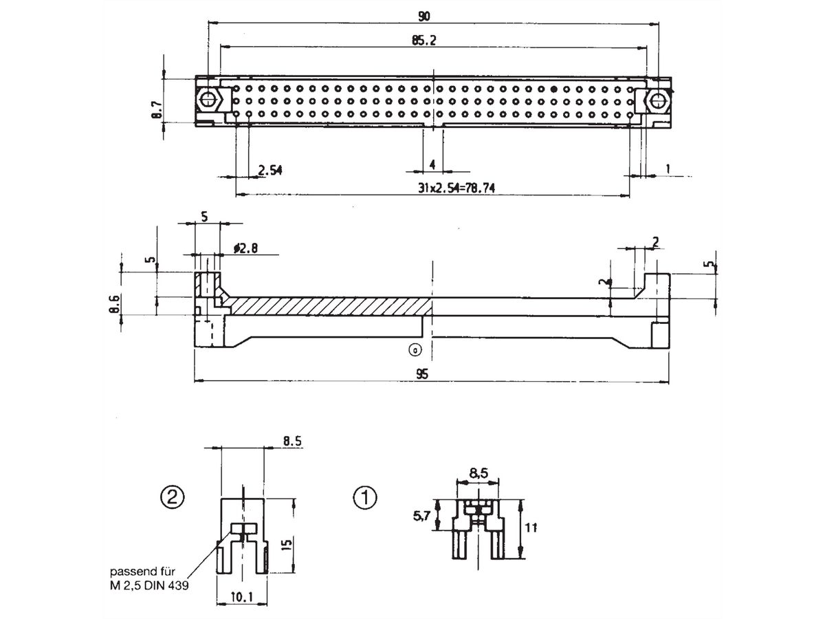 SCHROFF connectorbehuizing voor type C en R, blanco, busplatine dikte 3,2 mm, aansluitpinnen 17 mm