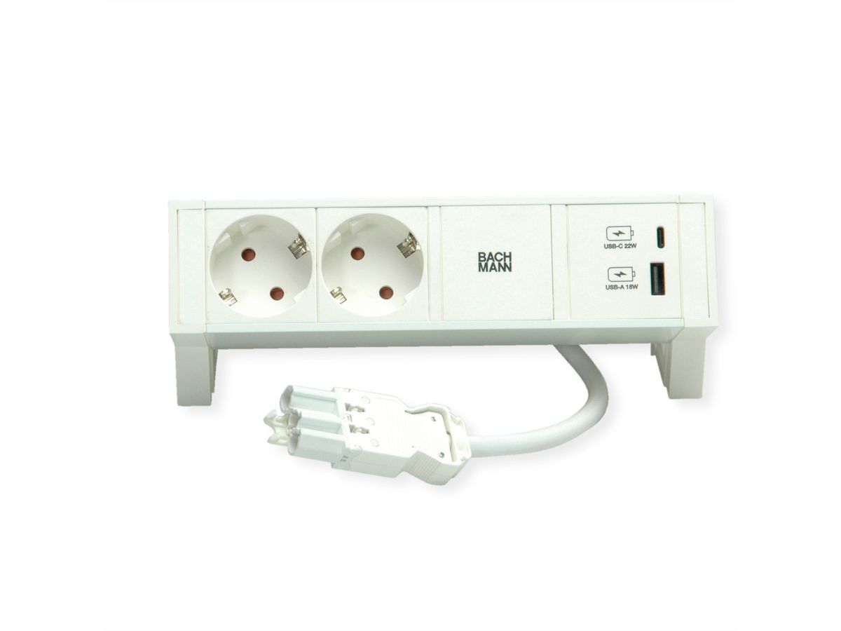 BACHMANN DESK2 ALU WIT 2x geaard stopcontact, USB oplader 22 W A&C, 0,2 m GST18