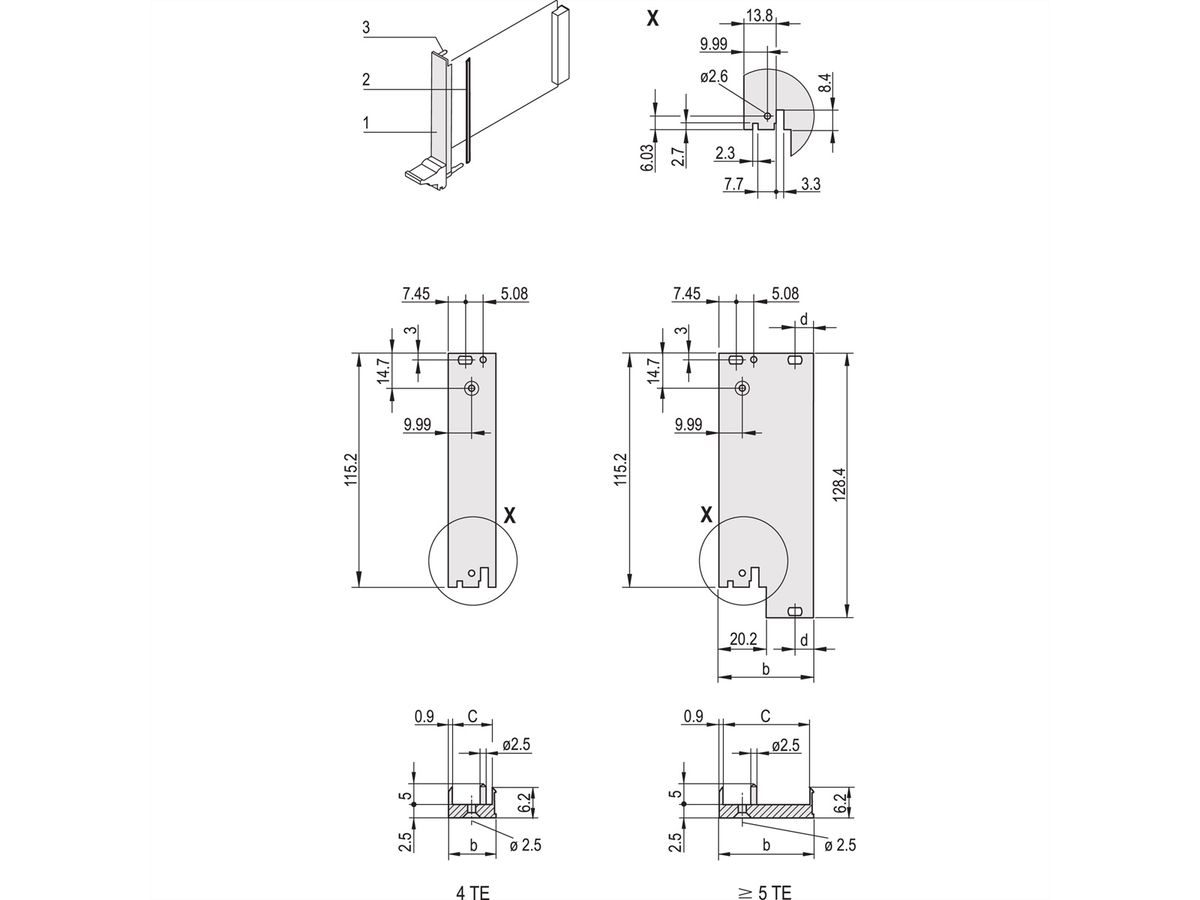 SCHROFF Plug-In Unit U-Profile Front Panel for IEL, IET, Type 2, 3 U, 10 HP, 0.1" Offset, 2.5 mm, Al, Front Anodized, Rear Conductive