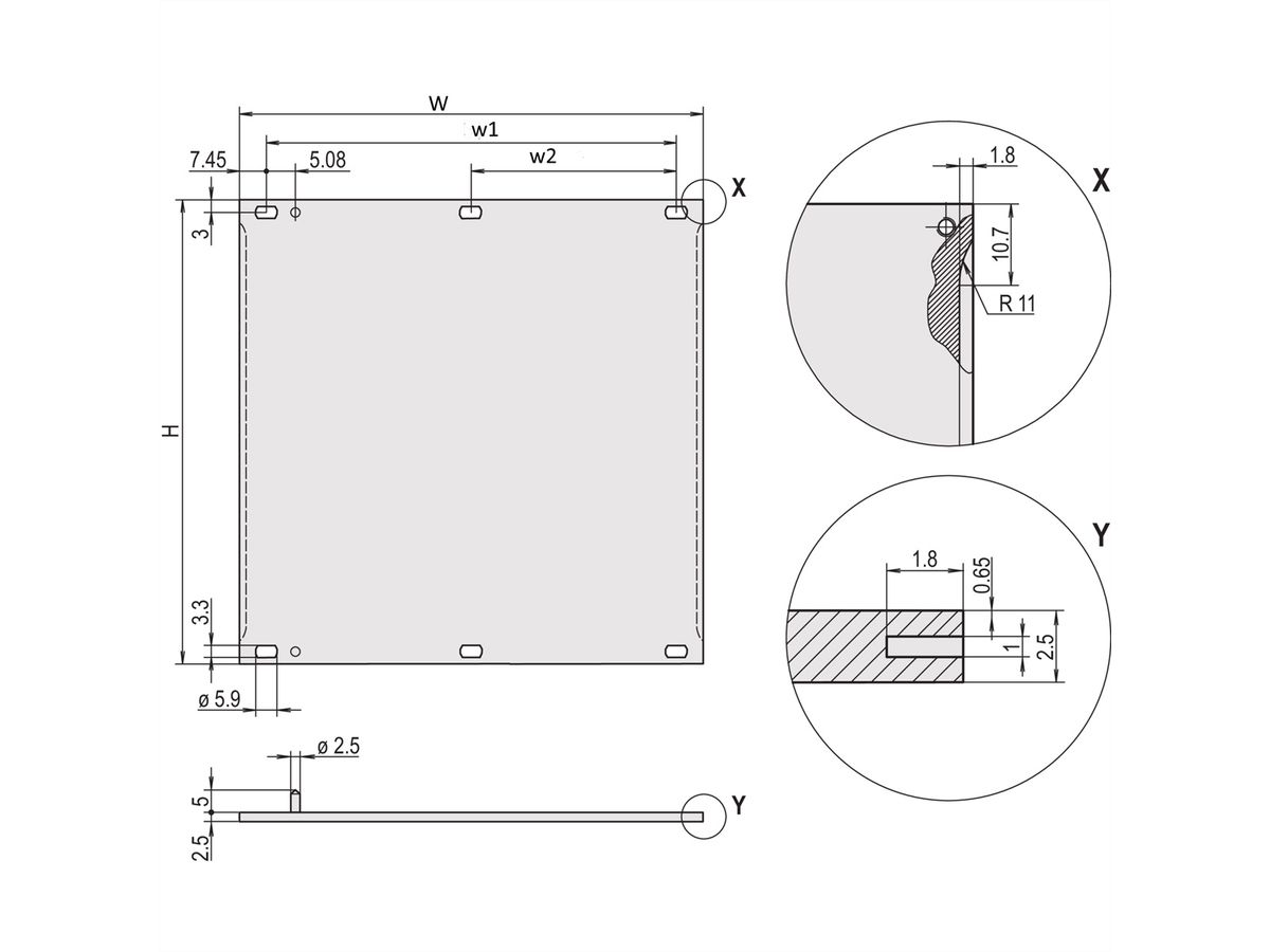 SCHROFF frontplaat, vlak, met sleuf voor roestvaststalen EMC-pakking, 4 HE, 63 HE, 2,5 mm, Al, geanodiseerd, onbehandelde randen