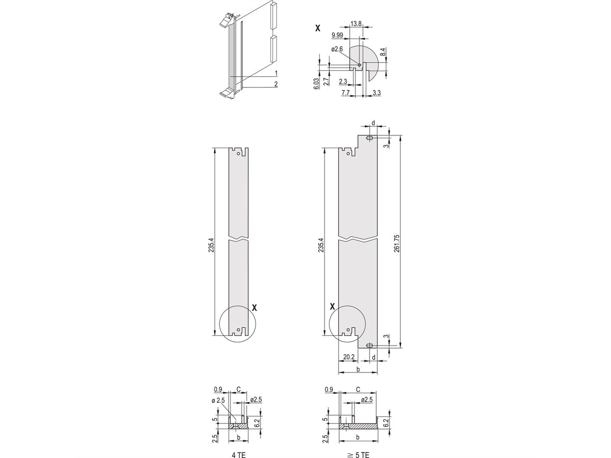 SCHROFF Plug-In Unit U-Profile Front Panel for IEL, IET, Type 2, 3 U, 6 HP, 0.1" Offset, 2.5 mm, Al, Front Anodized, Rear Conductive