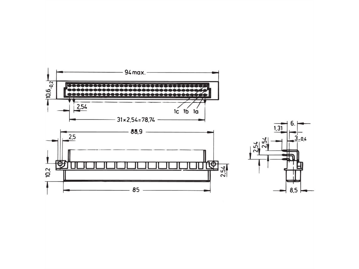 SCHROFF Stekker Type R, EN 60603, DIN 41612, vrouwelijk, 96 contacten, soldeerpennen, 3 mm