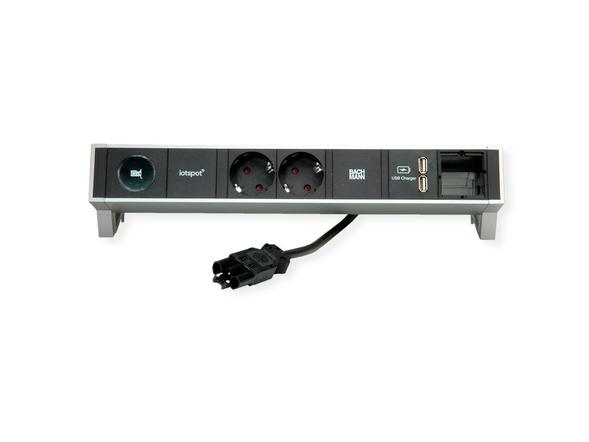 BACHMANN DESK2 1xIOTspot 2x geaard stopcontact, USB Oplader 1xABD 0,2m GST18, inox