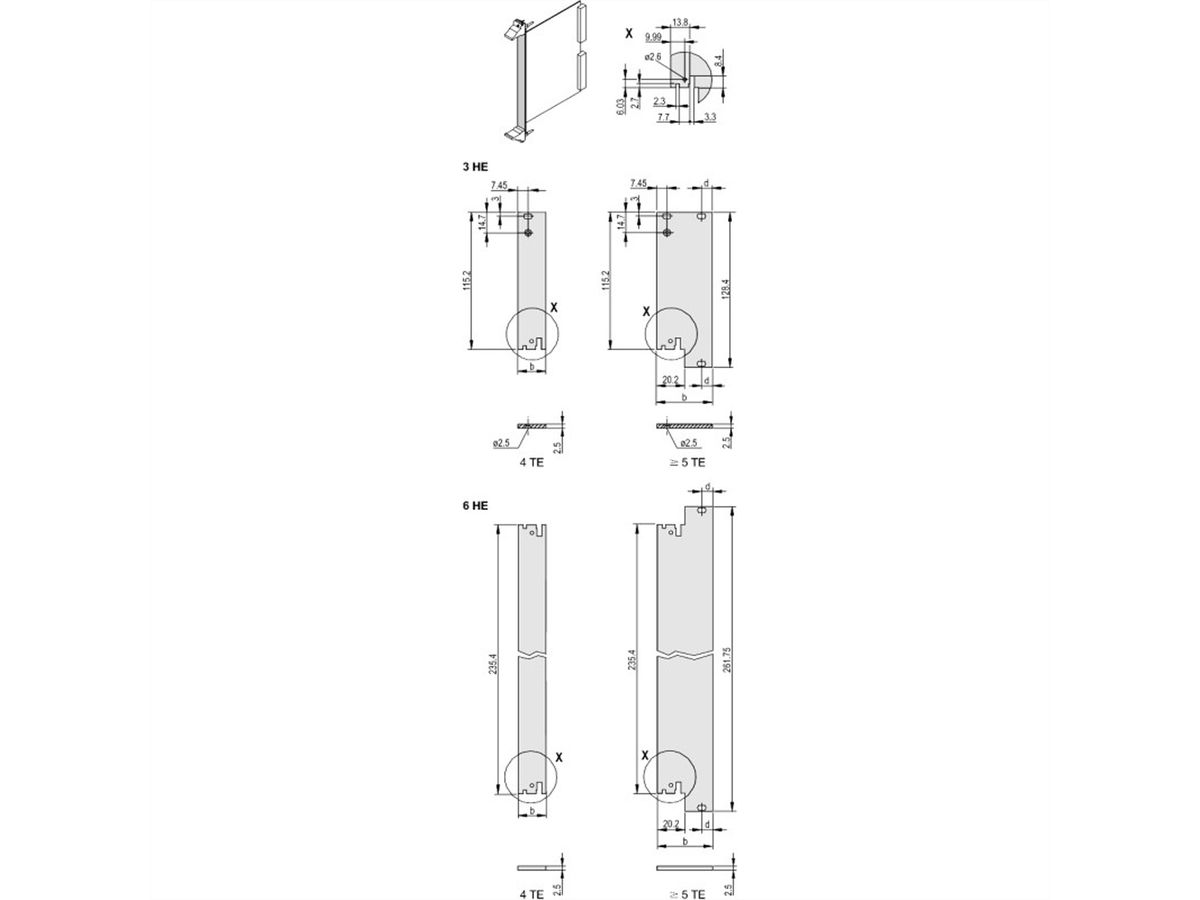 SCHROFF Plug-In Unit Front Panel, Unshielded, for IEL, IET, Type 2 Handle, 6 U, 6 HP, 2.5 mm, Al, Front Anodized, Rear Conductive