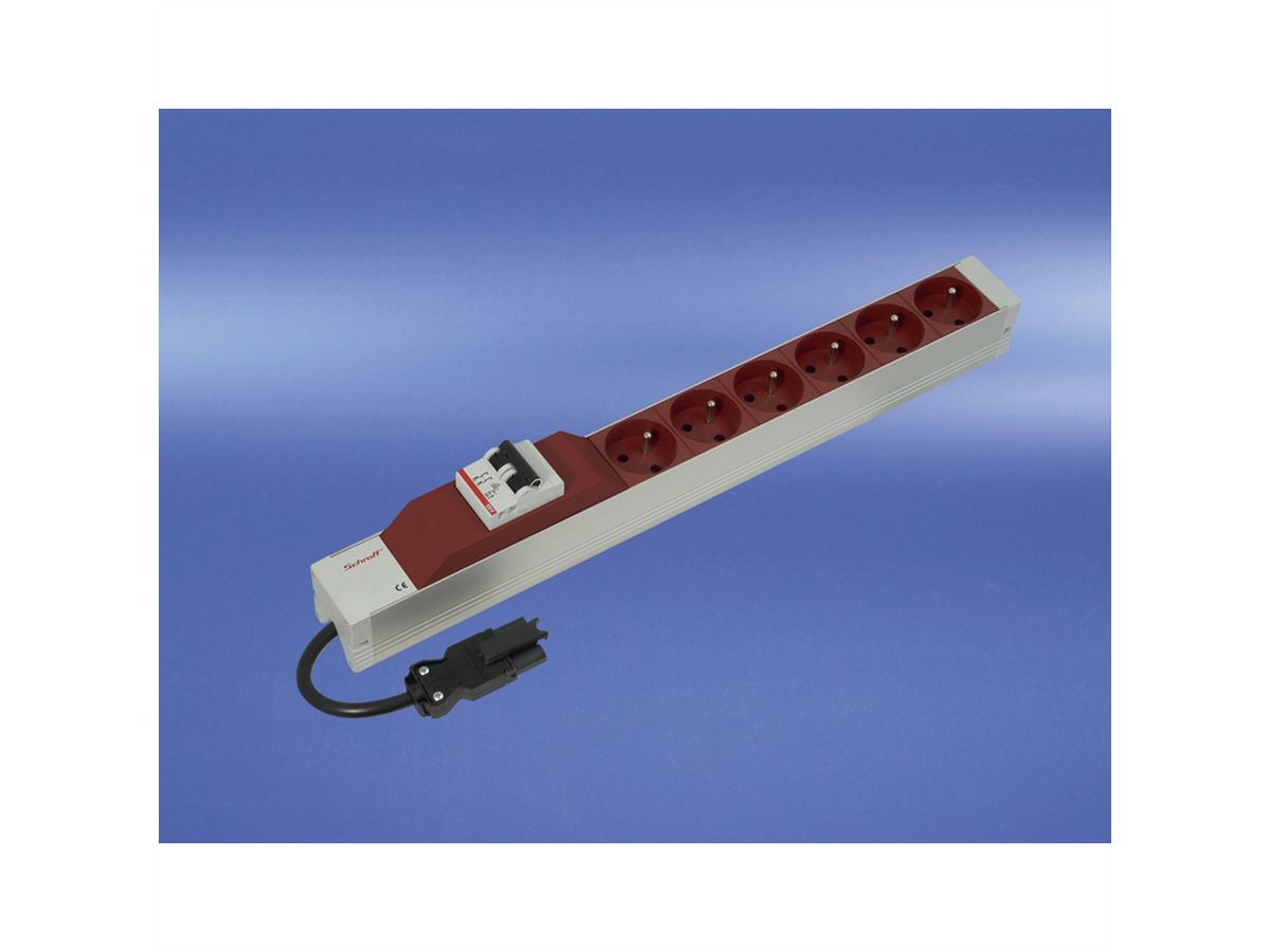 SCHROFF Socket Strip, UTE, With Wieland® Input, 6 Sockets, 19", Red, With Overcurrent Protection
