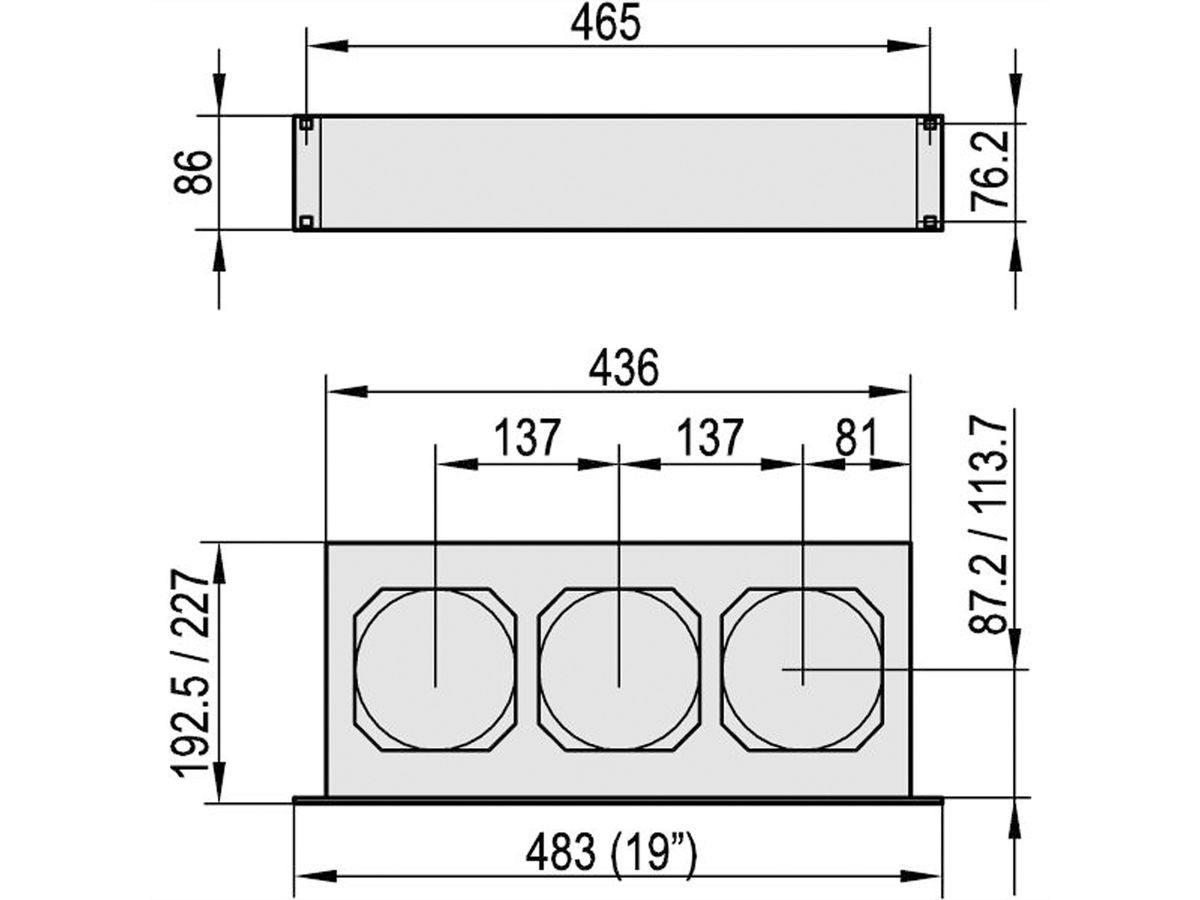 SCHROFF 19" Duwventilator, 2 HE, Axiaal, 115 VAC, Werkbladdiepte 160 mm, 300 - 330 m³h