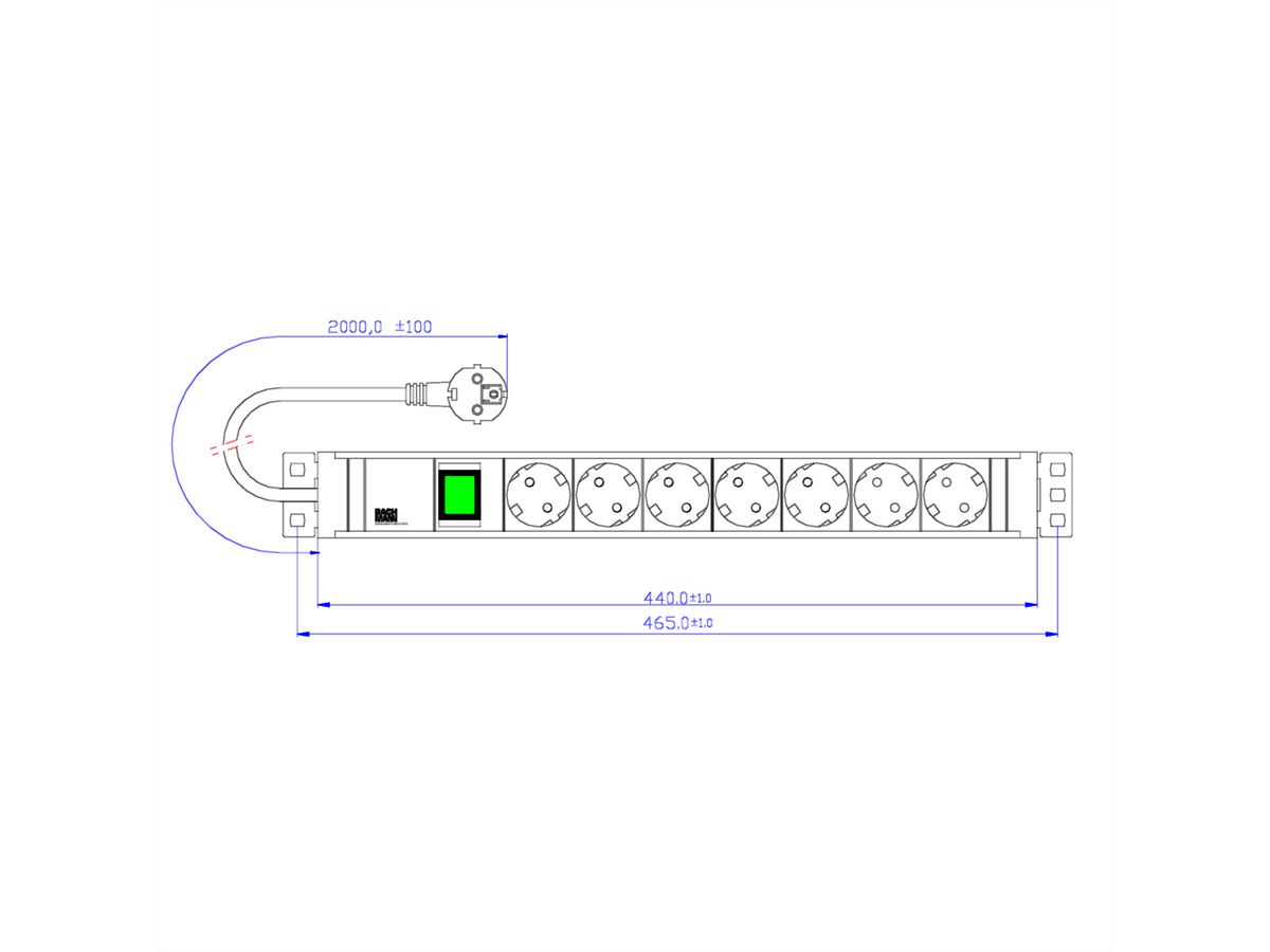 BACHMANN 19" PVC 7xCEE7/3 1xschakelaar voeding 2,0m CEE7/7