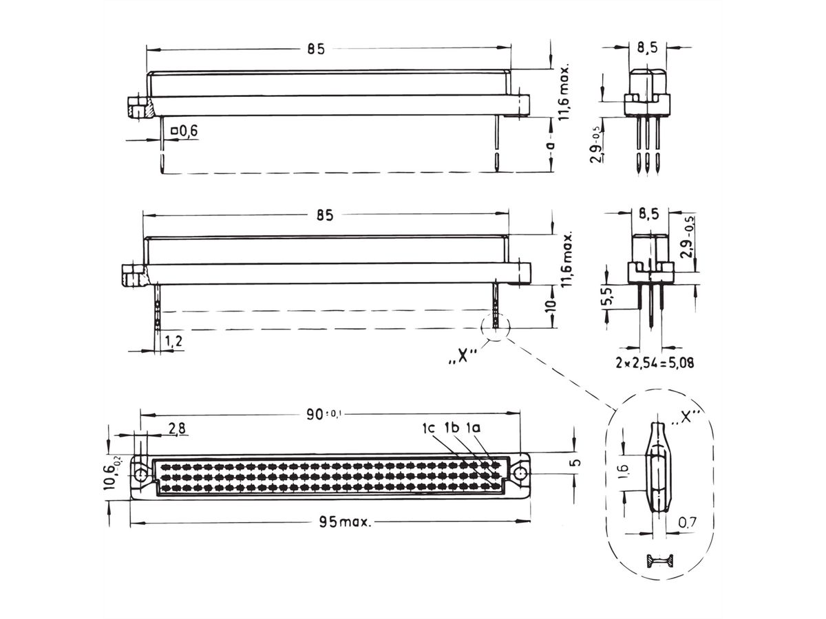 SCHROFF Stekker Type C, EN 60603, DIN 41612, vrouwelijk, 96 contacten, wire-wrap, 13 mm