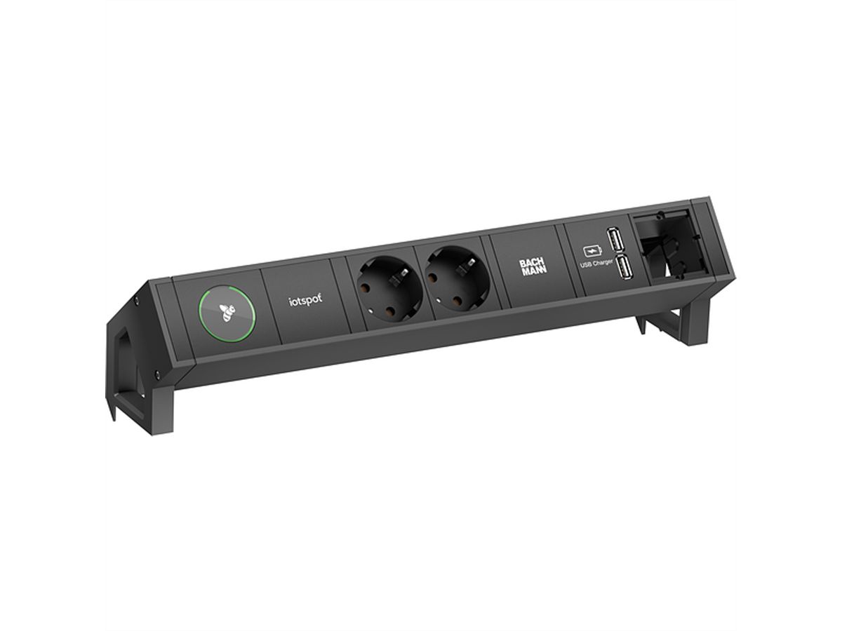 BACHMANN DESK2 1xIOTspot 2x geaard stopcontact, USB Oplader 1xABD 0.2m GST18, zwart