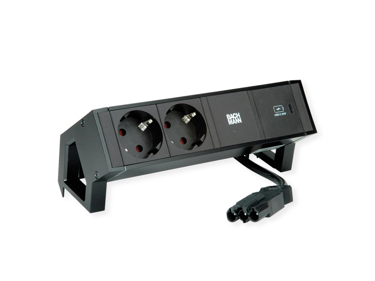 BACHMANN DESK2 2x geaard stopcontact USB C , USB Oplader 30W 0,2m GST18 Zwart