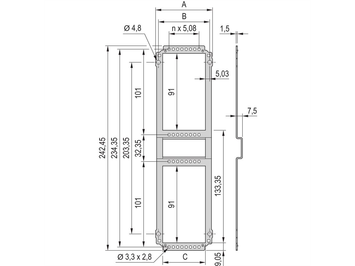 SCHROFF Insteekeenheid met frame Achterpaneel, uitsparing voor meerdere aansluitingen, 6 HE, 14 HE