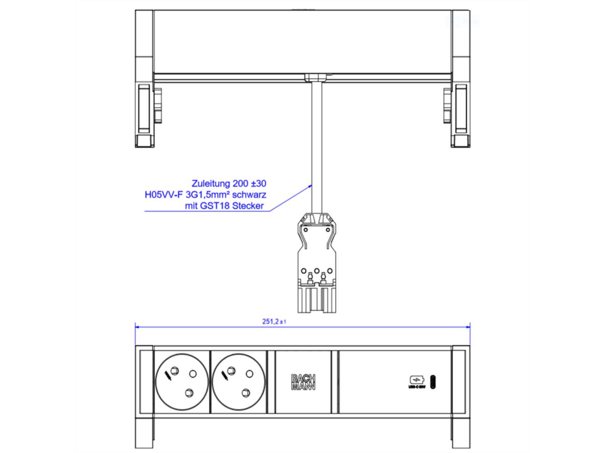 BACHMANN DESK2 ALU ZWART 2xUTE 1xUSBC 60W 0,2m GST18