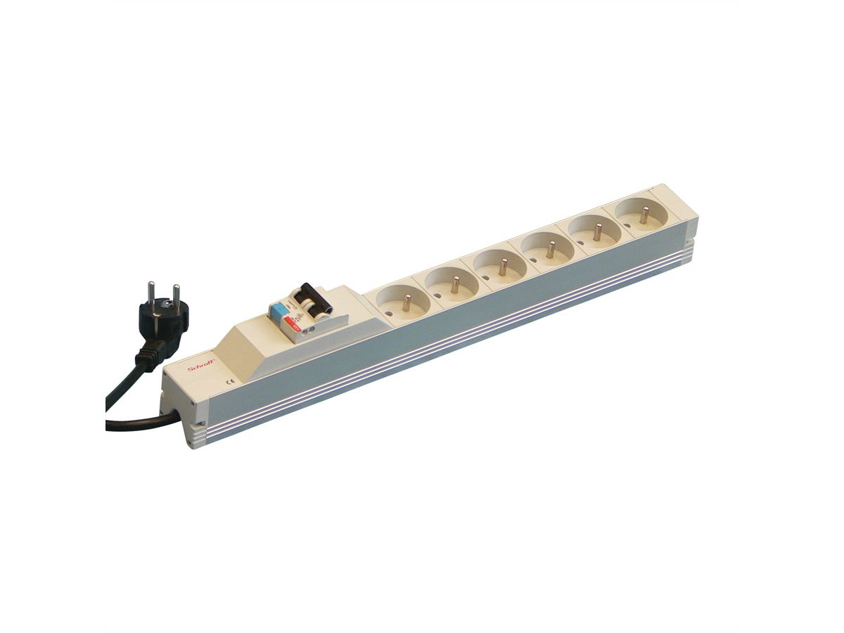 SCHROFF Socket Strip, UTE, 6 Sockets, 19", With Fault Current Protection and Over-Current Protection