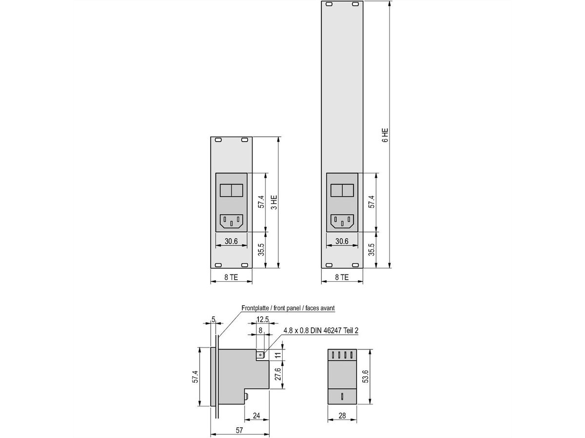 SCHROFF frontpaneel met AC-ingangsmodule, 3 HE, 8 HE, 2,5 mm, Al, geanodiseerd, onbehandelde randen