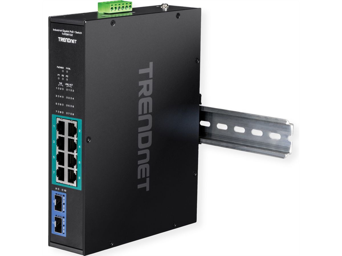 TRENDnet TI-PGM102 10-poorts Rail Switch Industrieel Gigabit PoE+