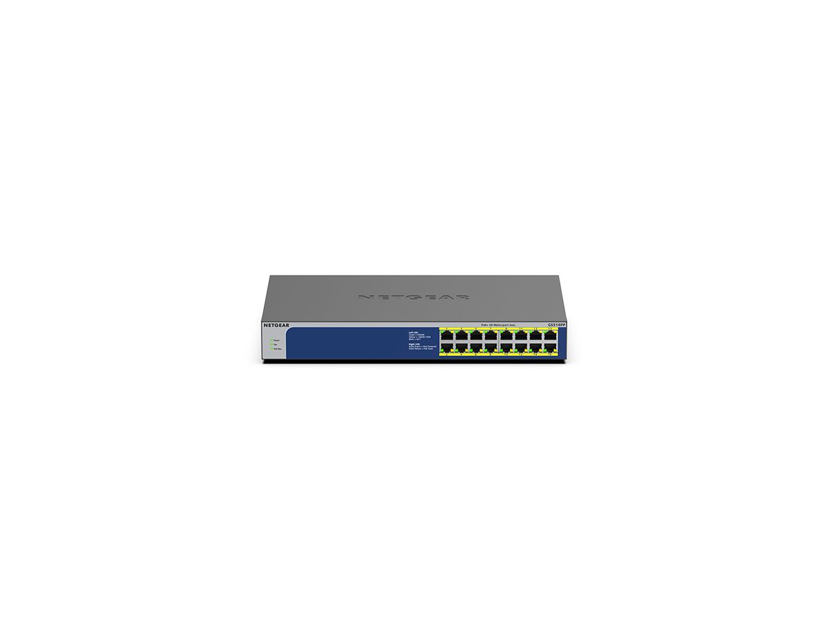 NETGEAR GS516PP Unmanaged Gigabit Ethernet (10/100/1000) Power over Ethernet (PoE) Blauw, Grijs